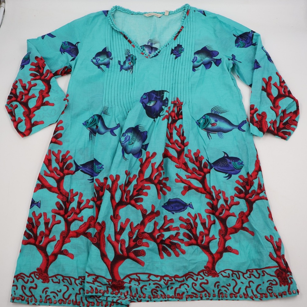 Soft Surroundings Tunic Women Medium Turquoise Fish Coral Pintuck Cotton 2AN69